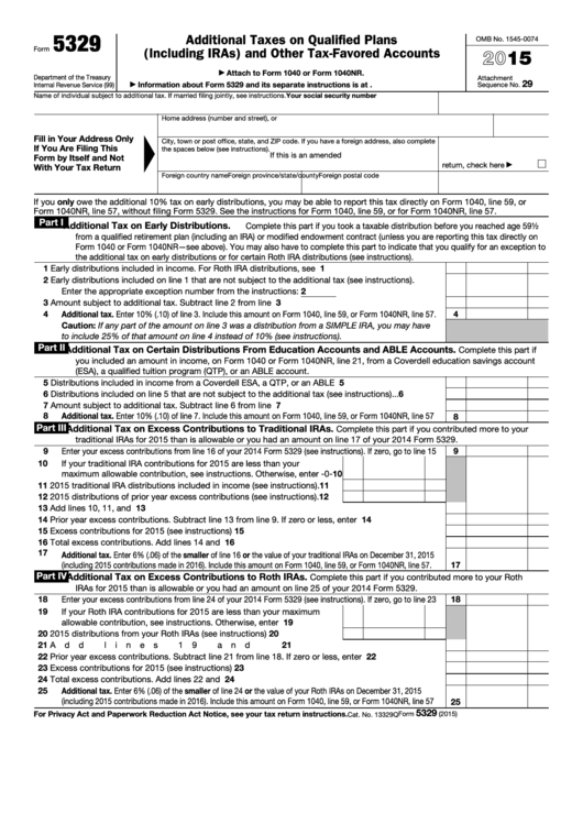 Fillable Form 5329 - Additional Taxes On Qualified Plans (Including Iras) And Other Tax-Favored Accounts - 2015 Printable pdf