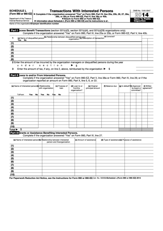 Fillable Schedule L (Form 990 Or 990-Ez) - Transactions With Interested Persons - 2014 Printable pdf
