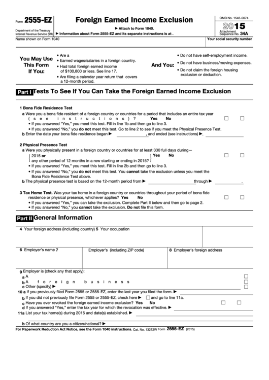 Form 2555-ez - Foreign Earned Income Exclusion - 2015