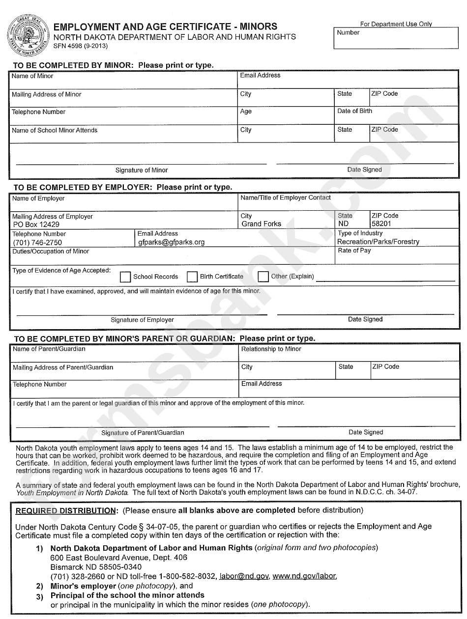 Form Sfn 4598 - Empolyment And Age Certificate - Minors