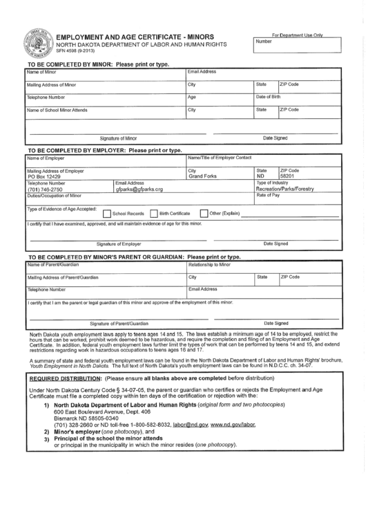 Form Sfn 4598 - Empolyment And Age Certificate - Minors