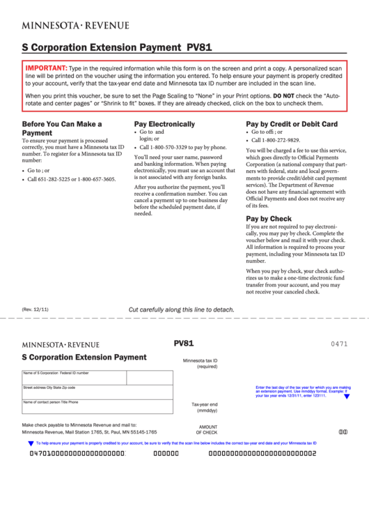 Fillable Form Pv81 S Corporation Extension Payment printable pdf download