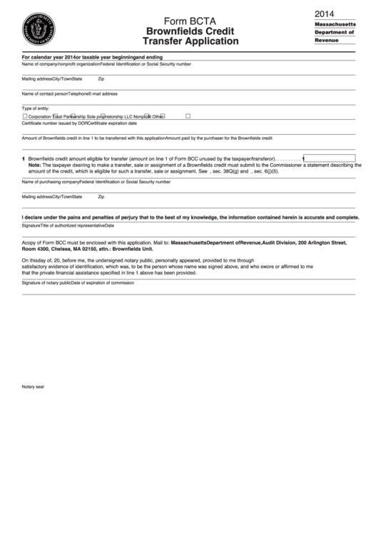 Form Bcta - Brownfields Credit Transfer Application - 2014 Printable pdf
