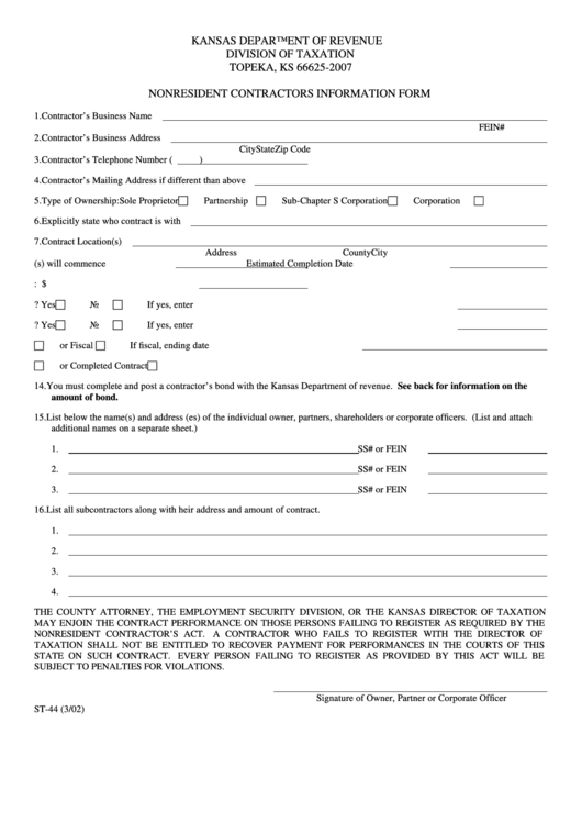 Form St-44 - Nonresident Contractors Information Form Printable pdf