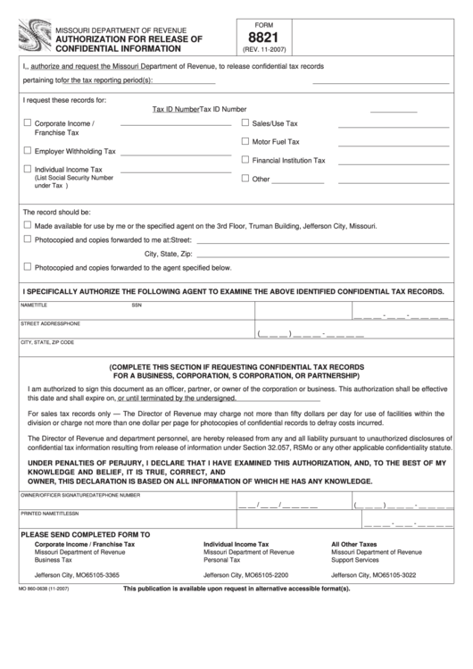 Fillable Form 8821 - Authorization For Release Of Confidential Information Printable pdf