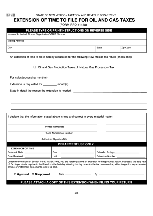 Form Rpd-41138 - Extension Of Time To File For Oil And Gas Taxes Printable pdf