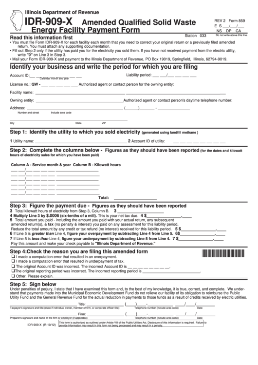Fillable Form Idr-909-X - Amended Qualified Solid Waste Energy Facility Payment Form Printable pdf