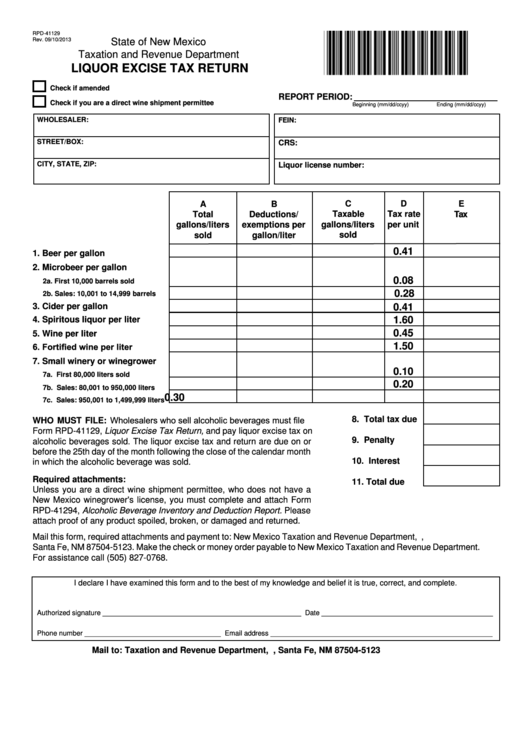 Fillable Form Rpd-41129 - Liquor Excise Tax Return Printable pdf