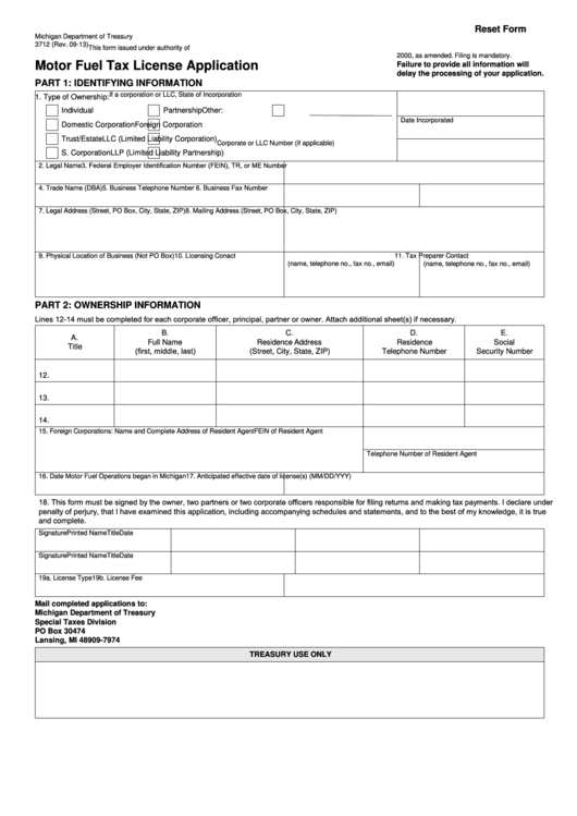 Fillable Form 3712 - Motor Fuel Tax License Application Printable pdf