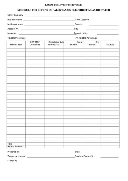 Fillable Form St-33 - Schedule For Refund Of Sales Tax On Electricity, Gas Or Water Printable pdf