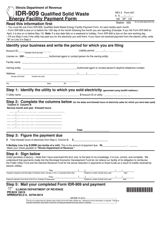 Fillable Form Idr-909 - Qualified Solid Waste Energy Facility Payment Form Printable pdf