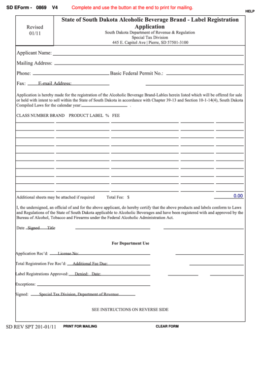 Fillable Sd Eform-0869 V4 - State Of South Dakota Alcoholic Beverage Brand-Label Registration Application Printable pdf