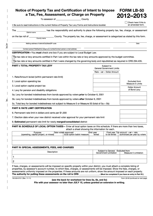 Fillable Form Lb-50 - Notice Of Property Tax And Certification Of Intent To Impose A Tax, Fee, Assessment, Or Charge On Property - 2012-2013 Printable pdf