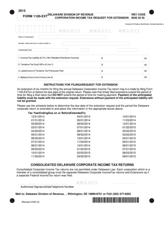 Form 1100-Ext - Delaware Division Of Revenue Corporation Income Tax Request For Extension - 2013 Printable pdf