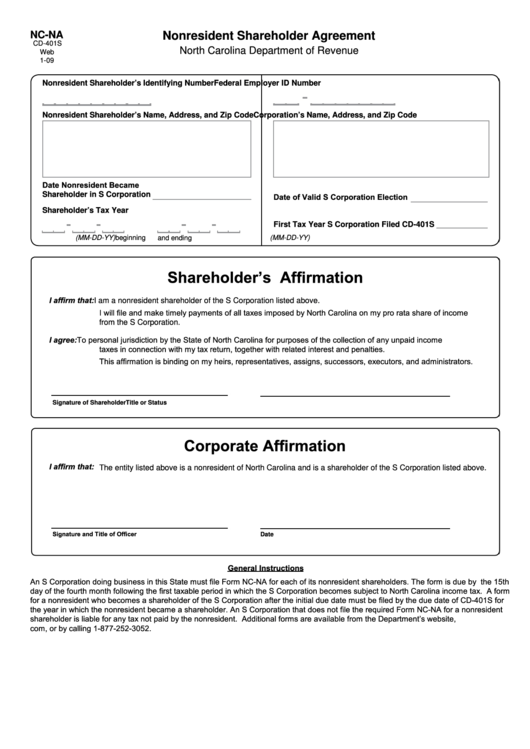 Form Nc-Na - North Carolina Nonresident Shareholder Agreement Printable pdf