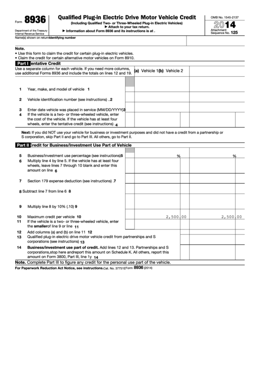 Fillable Form 8936 - Qualified Plug-In Electric Drive Motor Vehicle Credit - 2014 Printable pdf