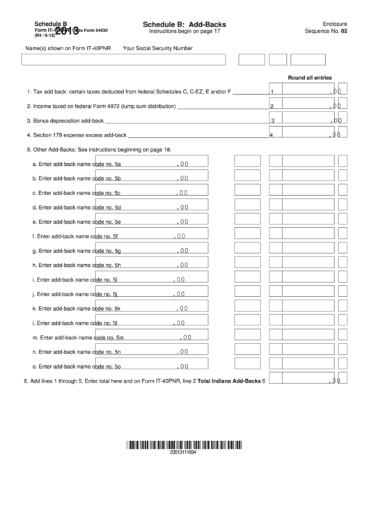 Fillable Schedule B Form It-40pnr - Schedule B: Add-Backs - 2013 Printable pdf