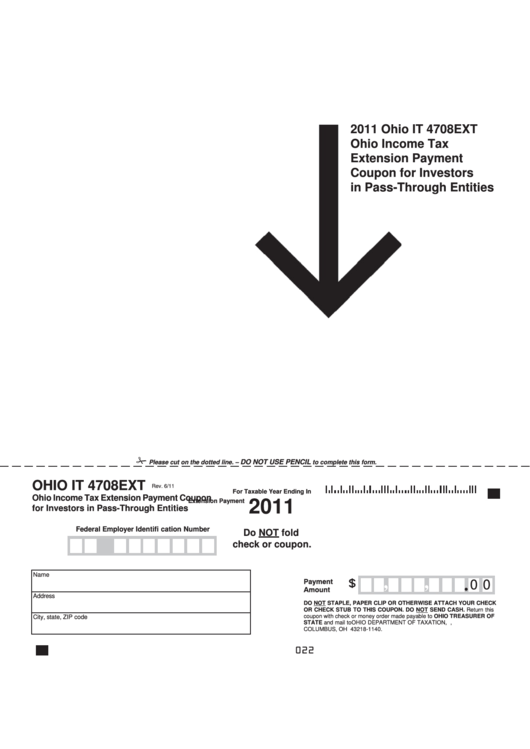 Form It 4708ext - Ohio Income Tax Extension Payment Coupon For Investors In Pass-Through Entities - 2011 Printable pdf