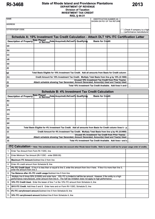 Fillable Form Ri-3468 - Rhode Island Investment Tax Credit - 2013 Printable pdf