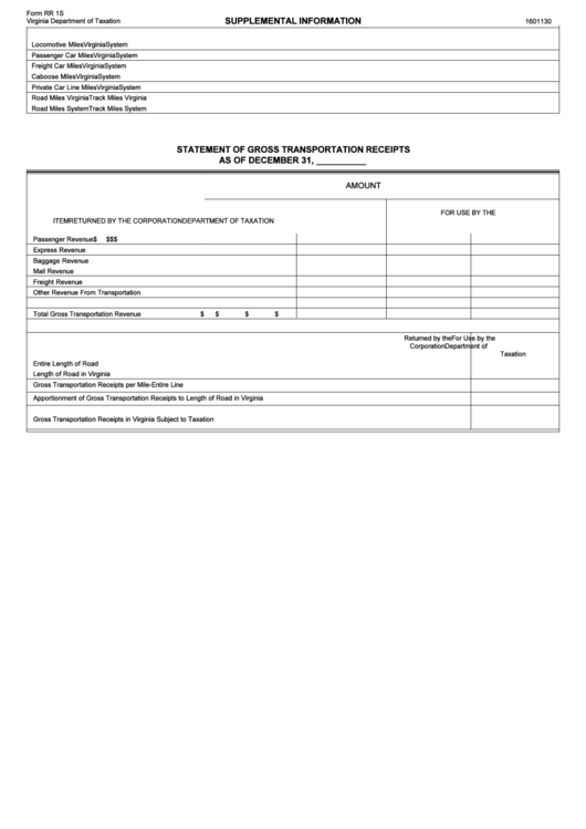 Form Rr 1s - Virginia Statement Of Gross Transportation Receipts As Of December 31 Printable pdf