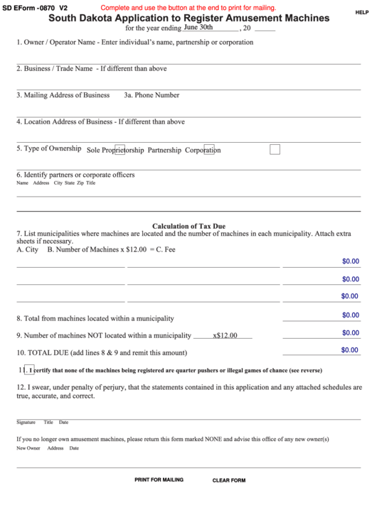 Fillable Sd Eform-0870 V2 - South Dakota Application To Register Amusement Machines Printable pdf