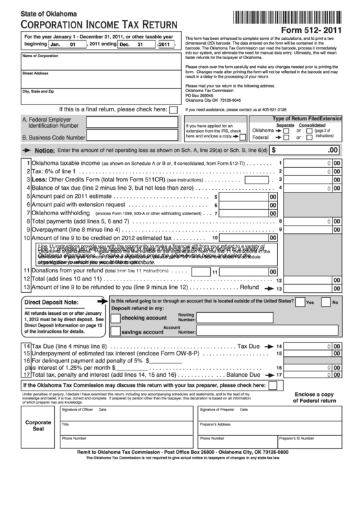 Fillable Form 512 - Oklahoma Corporation Income Tax Return - 2011 Printable pdf