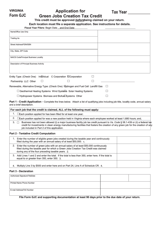 Form Gjc - Virginia Application For Green Jobs Creation Tax Credit Printable pdf