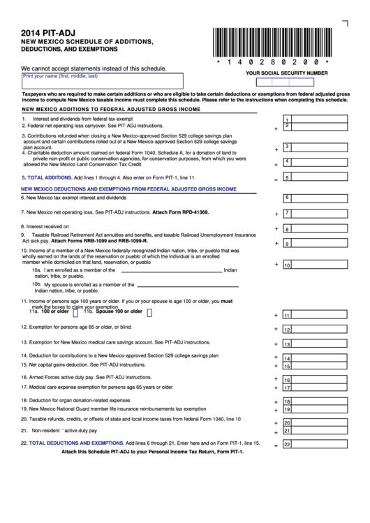 Fillable Form Pit-Adj - New Mexico Schedule Of Additions, Deductions, And Exemptions - 2014 Printable pdf