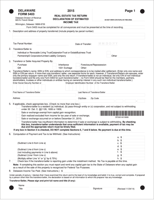 Fillable Form 5403 - Real Estate Tax Return Declaration Of Estimated Income Tax - 2015 Printable pdf