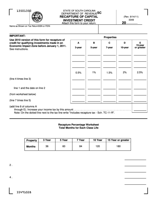 Form Sc Sch.tc 11-R - South Carolina Recapture Of Capital Investment Credit Printable pdf