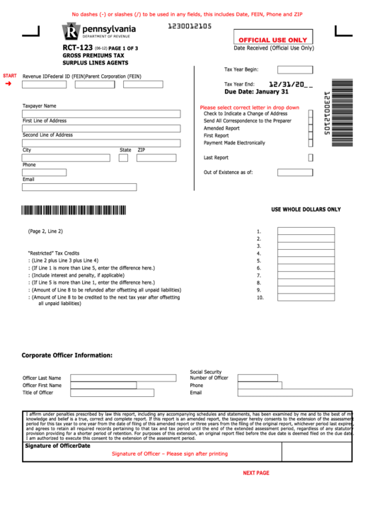 Fillable Form Rct-123 - Gross Premiums Tax Surplus Lines Agents Printable pdf