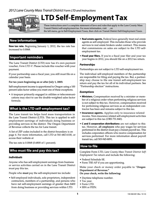 Fillable Form Ltd - Self-Employment Tax - Lane County - 2012 Printable pdf
