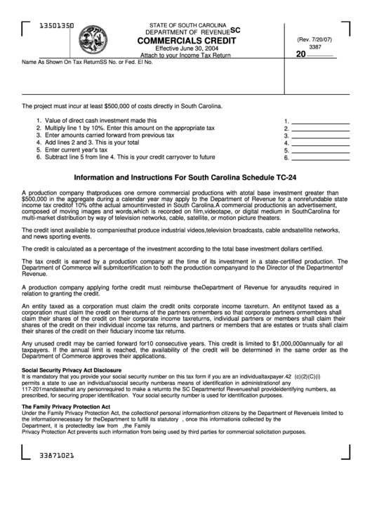Form Sc Sch.tc-24 - South Carolina Commercials Credit Printable pdf