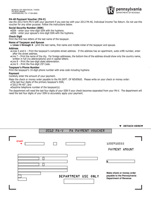 Fillable Form Pa-V - Pa Payment Voucher - 2012 Printable pdf