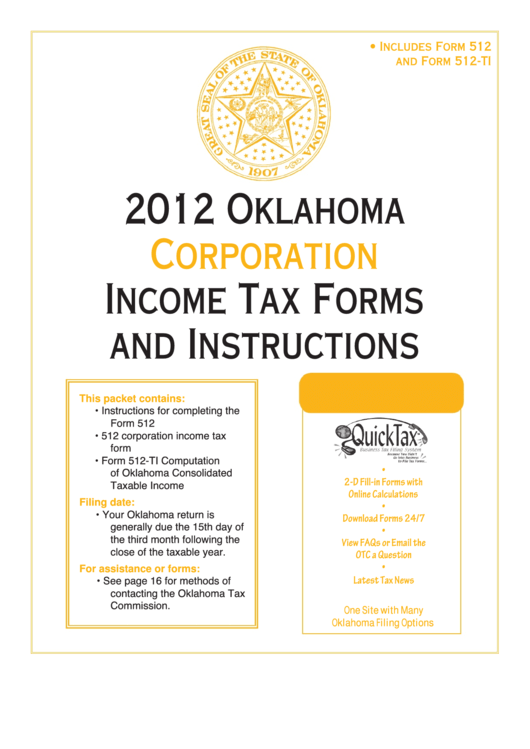 Fillable Form 512 - Corporation Income Tax Return - 2012 Printable pdf