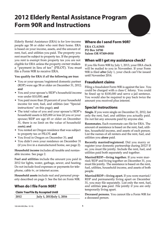 Fillable Form 90r - Oregon Elderly Rental Assistance - 2012 Printable pdf