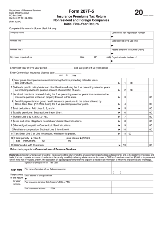 Form 207f-5 - Insurance Premiums Tax Return Nonresident And Foreign Companies Initial Five-Year Return Printable pdf