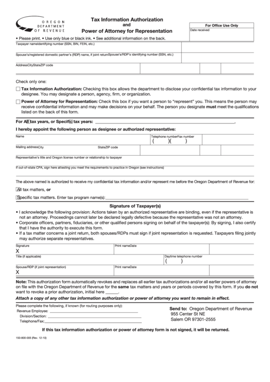 Fillable Form 150-800-005 - Tax Information Authorization And Power Of Attorney For Representation Printable pdf