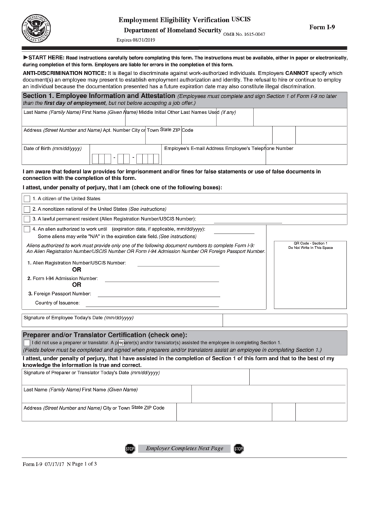 Form I-9 - Employment Eligibility Verification Printable pdf