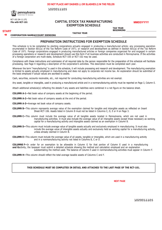 Fillable Form Rct-102 - Pennsylvania Capital Stock Tax Manufacturing Exemption Schedule Printable pdf