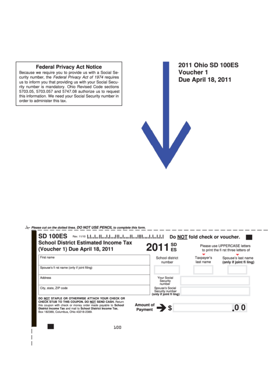 Fillable Form Sd 100es - Ohio School District Estimated Income Tax - 2011 Printable pdf