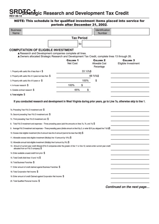 Form Srdtc-1 - West Virginia Strategic Research And Development Tax Credit Printable pdf