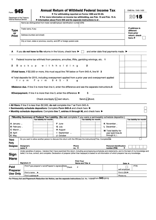 Fillable Form 945 - Annual Return Of Withheld Federal Income Tax - 2015 Printable pdf