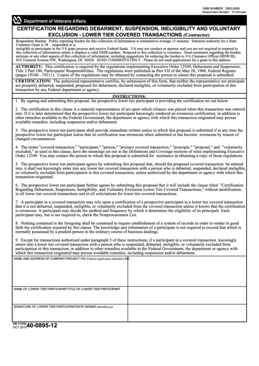 Fillable Form 40-0895-12 - Certification Regarding Debarment, Suspension, Ineligibility And Voluntary Exclusion Lower Tier Covered Transactions - Department Of Veterans Affairs Printable pdf