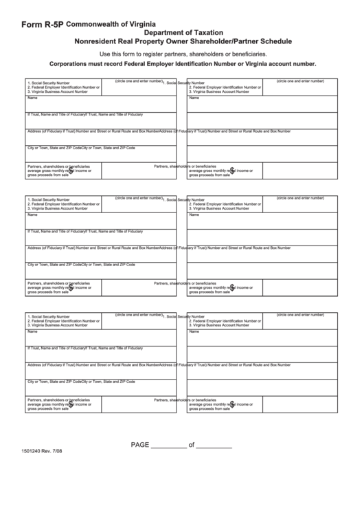Form R-5p - Virginia Nonresident Real Property Owner Shareholder/partner Schedule Printable pdf