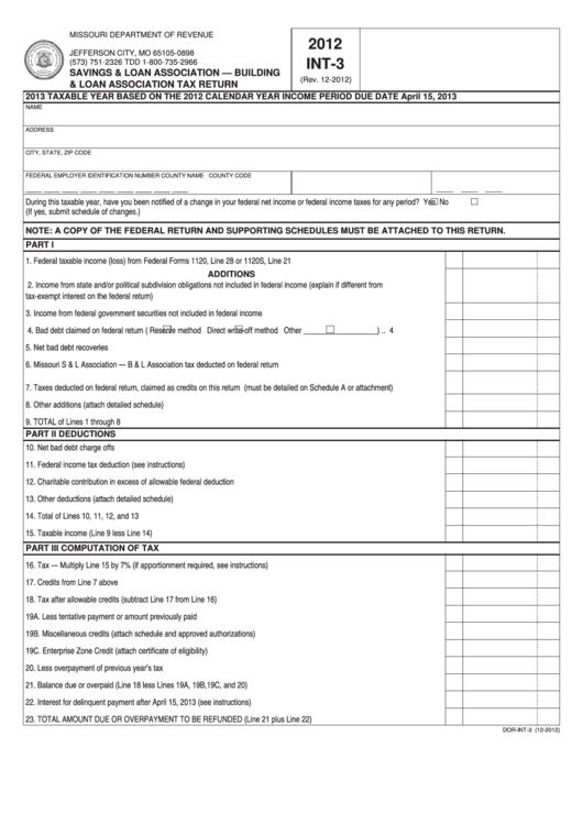 Fillable Form Int-3 - Savings & Loan Association-Building & Loan Association Tax Return - 2012 Printable pdf