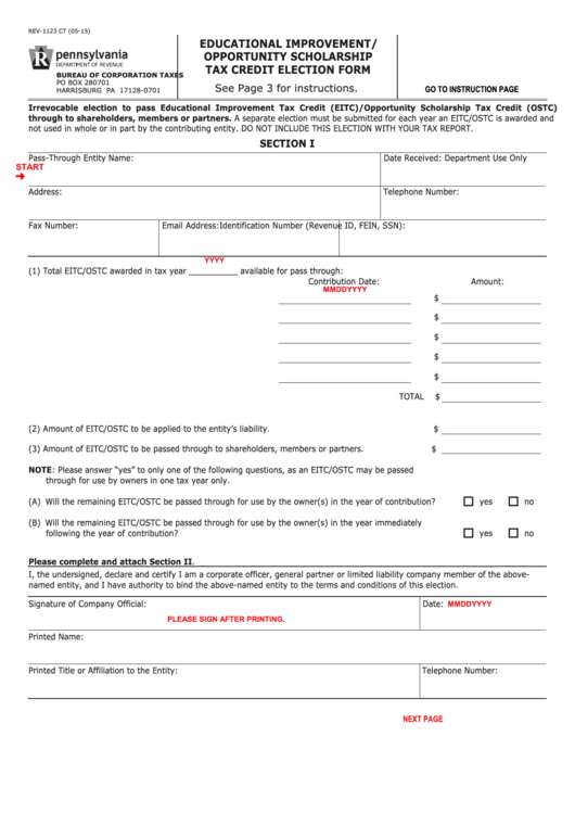 Fillable Form Rev-1123 Ct - Educational Improvement/opportunity Scholarship Tax Credit Election Form Printable pdf