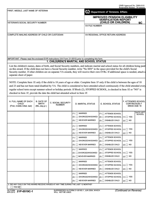 Fillable Va Form 21p-0519c-1 - Improved Pension Eligibility Verification Report (Child Or Children) - Department Of Veterans Affairs Printable pdf