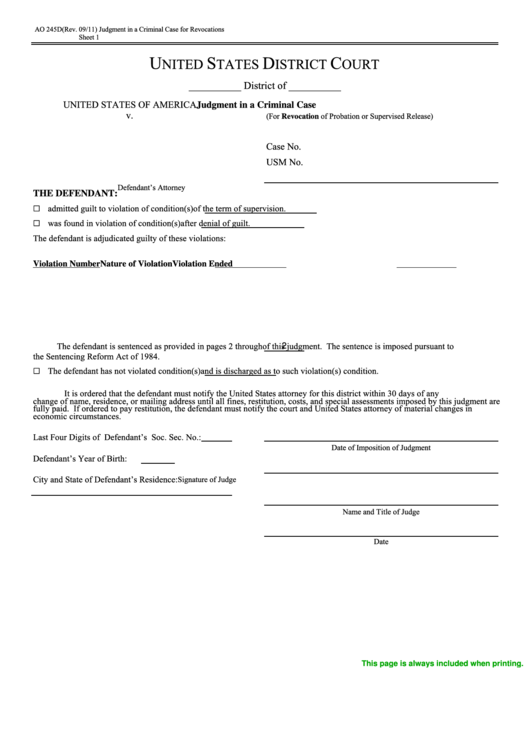 Fillable Form Ao 245d - Judgment In A Criminal Case For Revocations - United States District Court Printable pdf