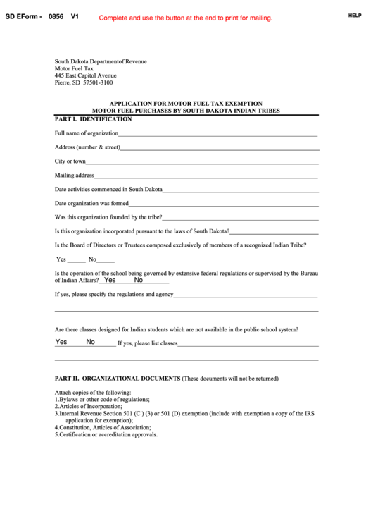 Fillable Sd Eform-0856 V1 - Application For Motor Fuel Tax Exemption Motor Fuel Purchases By South Dakota Indian Tribes Printable pdf